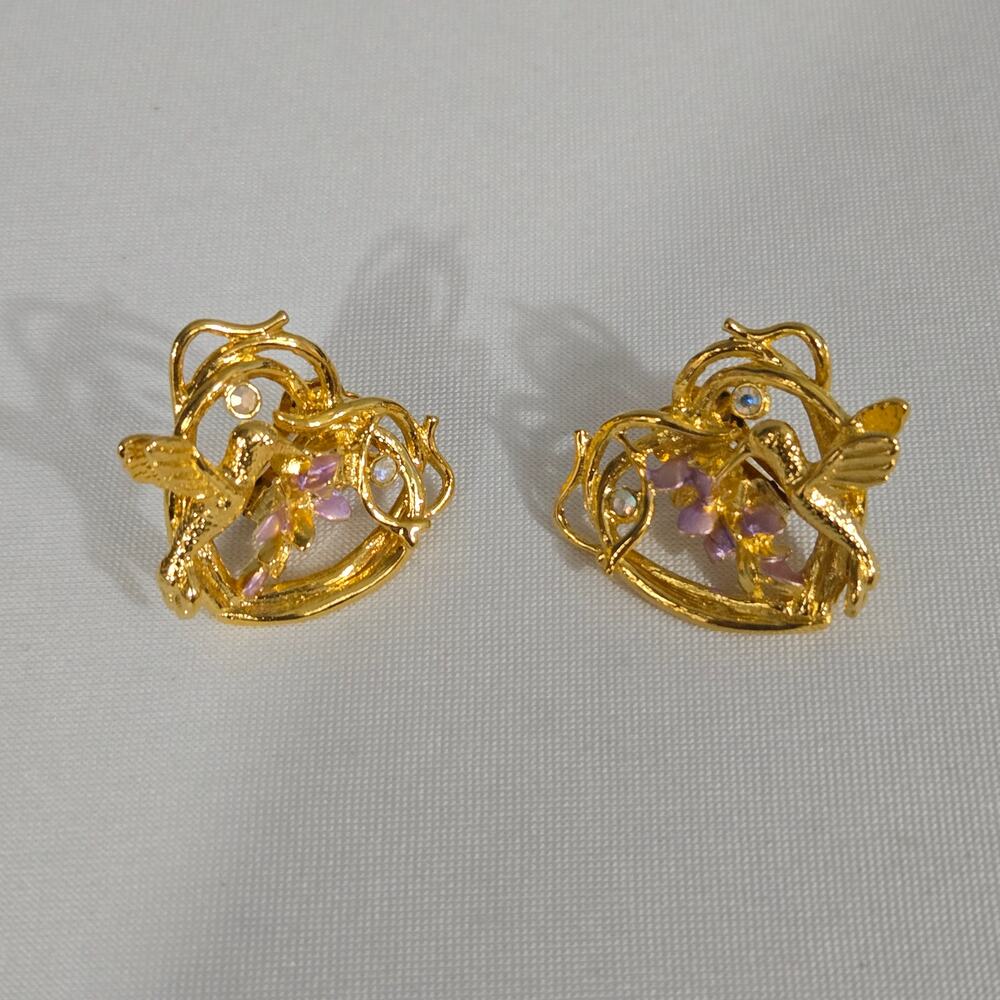 Vintage Kirks Folly Hummingbird Wisteria Heart Shaped Clip on Earrings - Picture 2 of 7